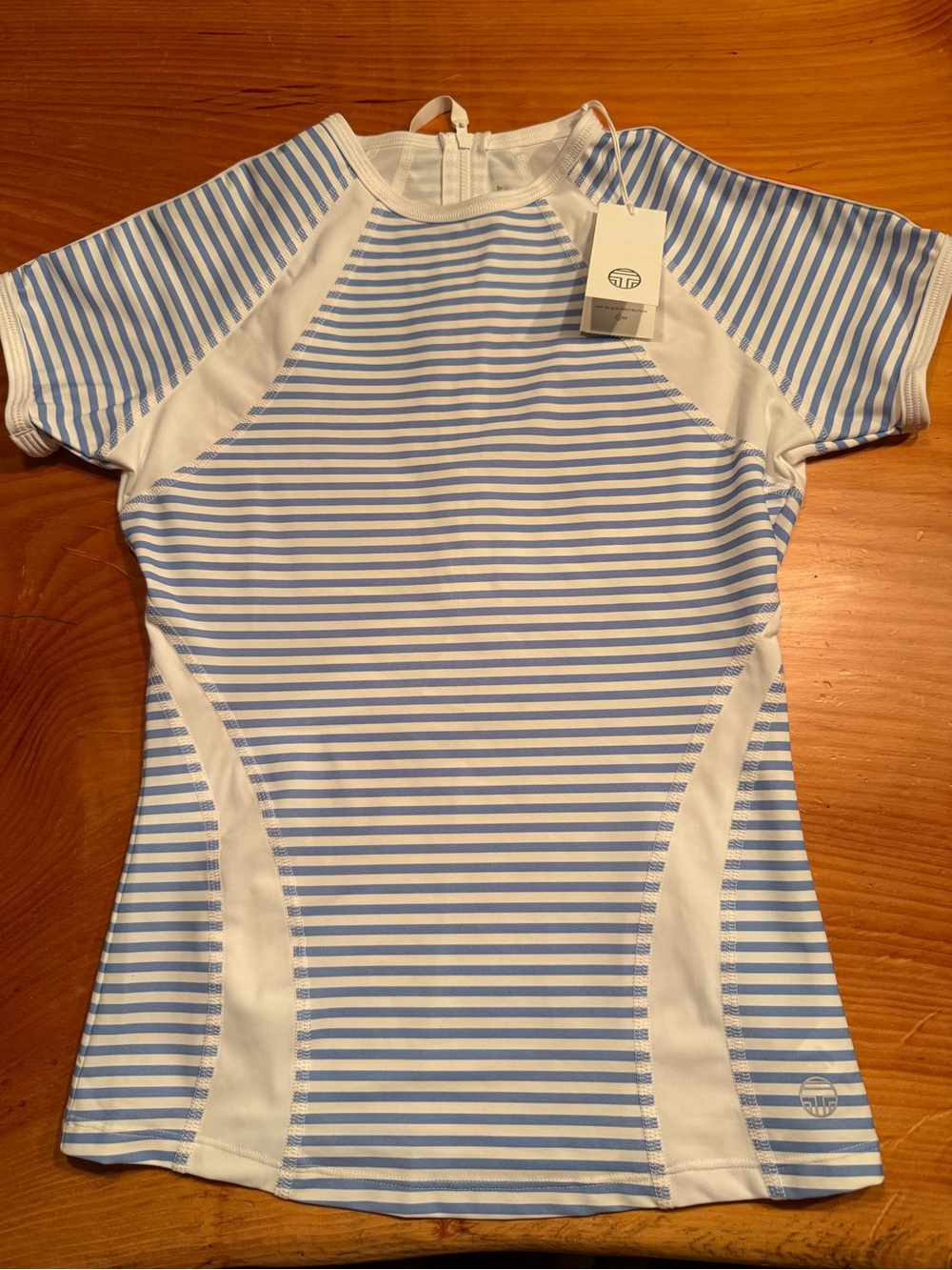 Tory Sport White and Light Blue Striped Swim Top NWT